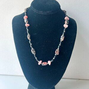 Vintage Pink & Black Beaded Necklace – Boho Gemstone Style